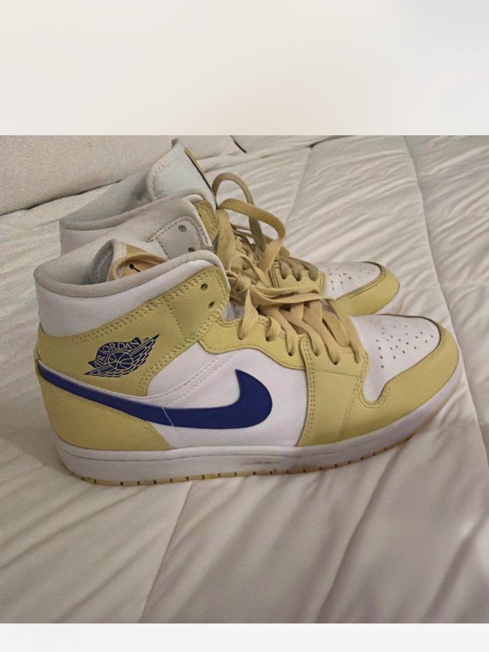 Jordan Mid-Top Sneakers in White, Pale Yellow & Blue Swoosh